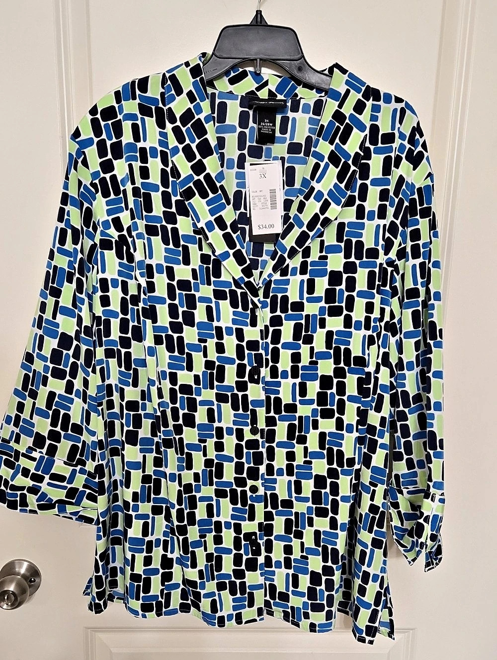 Maggie Barnes Geometric Blouse in Blue & Green Size 3X NWT